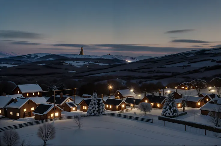 early evening，Overlooking the whole village，Panorama of the village，The whole village is covered in snow，Fenced yard，The chimney of the house smoked，The windows sparkled