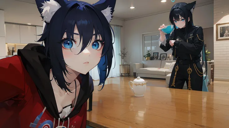 anime character with blue eyes and black hair standing in a living room, vrchat, second life avatar, anime styled 3d, 3 d anime, 3d anime, pixiv 3dcg, medium shot of two characters, anime girl with cat ears, stylized anime, anime scene, anime stylized, is ...