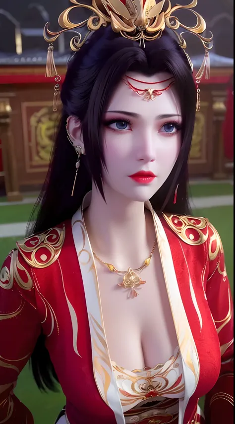 1 beautiful girl in a red costume, thin red silk shirt with many yellow motifs, black lace top, long hair dyed black, beautiful hair jewelry, pretty face pretty and cute, perfect face, earring jewelry, head and hair jewelry, antique jewelry, light blue eye...