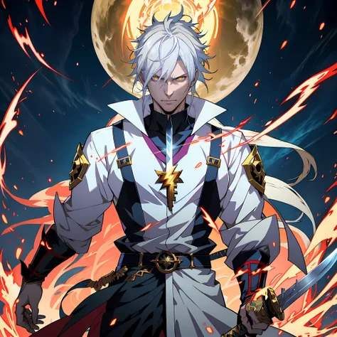 White-haired anime characters, Yellow eyes and sword stand in front of Lightning， Detailed key anime art, White-haired god, Key anime art, detailed anime character art, shadowverse style, handsome guy in demon killer art, full art, rimight, high detailed o...