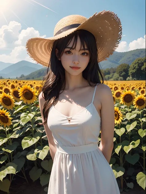 Unbeatable masterpiece, Ultra photo realsisim, Perfect artwork, Intricate details, Best quality, Strong light,High contrast,  sunflower field , cute and kawaii girl ,(sweat:0.5) , arms behind back , White kneelength camisole dress , Straw Hat , smile,stron...