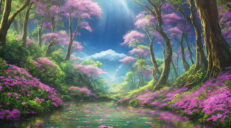 A surrealist one、Otherworldly、Illustration of the super sky scene，Including a huge crystal tree all over the body、Very detailed and magical lighting、Intricate forest details、Vegetation and surrounding rivers、Solar punk、scenecy、giant tree、Beautiful green le...