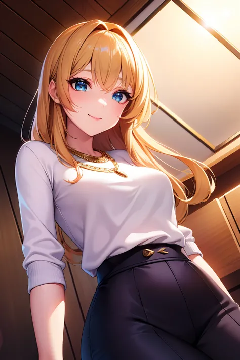 ((masterpiece)), ((best quality)), (ultra-detailed), ((extremely detailed)), 4K, (8K), best quality, (beautiful), anime style, dynamic angle, look up from below, office, a cute girl, 1girl, solo, sweater, beautiful gold hair, beautiful light blue eyes, ((b...