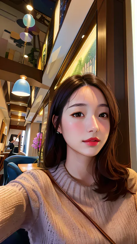 The Alfid woman sits in the dining room，Carrying a wallet on his shoulder, 8k selfie photograph, 2 8 years old, 2 9 years old, 2 7 years old, taken with sony alpha 9,, taken with canon eos 5 d mark iv, ,Korean girl group face，Melon seed face，The face is th...