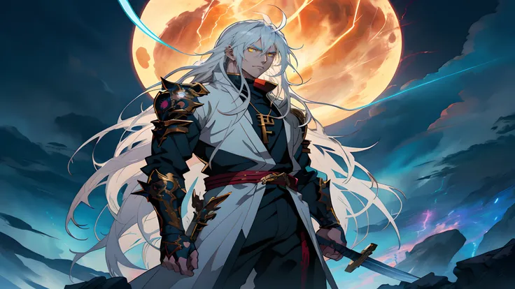 White long-haired anime character, Yellow eyes and sword stand in front of Lightning， Detailed key anime art, White-haired god, Key anime art, detailed anime character art, shadowverse style, handsome guy in demon killer art, full art, rimight, high detail...