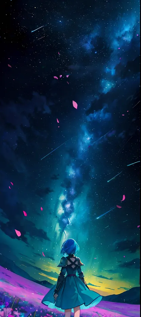 1girl, distant girl, wearing a teal dress armor, with a rainbow colored hair, staring at the stars, (zoomed out:1.1), (meteor shower:1.2), (comet:1.1), low angle, from behind, aurora borealis, shooting star, surrounded by flowers petals, standing in a fiel...