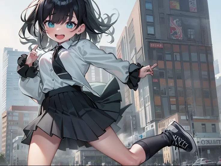 1girl, Bigger than the building, Black hair, blue eyes, bangs, black suit, black tie, Black pleated skirt, Black socks, Sneakers, excited, Bright pupils, Anatomically correct, Textured skin, GTSCity