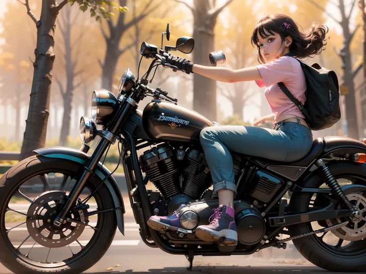 Beautiful lofi girl riding a massive black Harley Davidson motorcycle side view, one black shoe facing camera, dragging tin cans behind, side view, complete view of motorcycle and riding buddies like swiper, long shot, forest and country background, lookin...