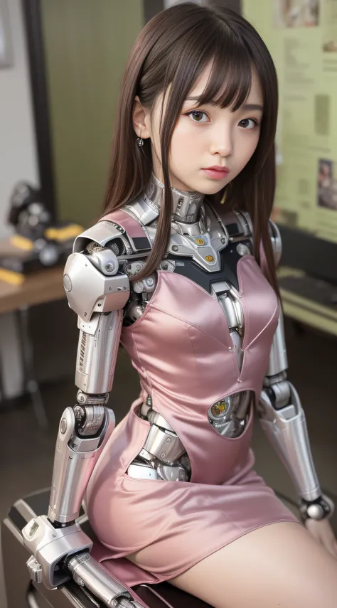 (Photorealsitic:1.4)、Onegirl、(top-quality)、(hyperdetailed face)、(Super well-formed face)、((Robot Parts))、(Cyborg girl)、(metalic)、(fullllbody)、(sexy  pose)、(Slender body)、(Model body type)、(full body mech)、(akihabara)、(is looking at the camera)、(A dark-hair...