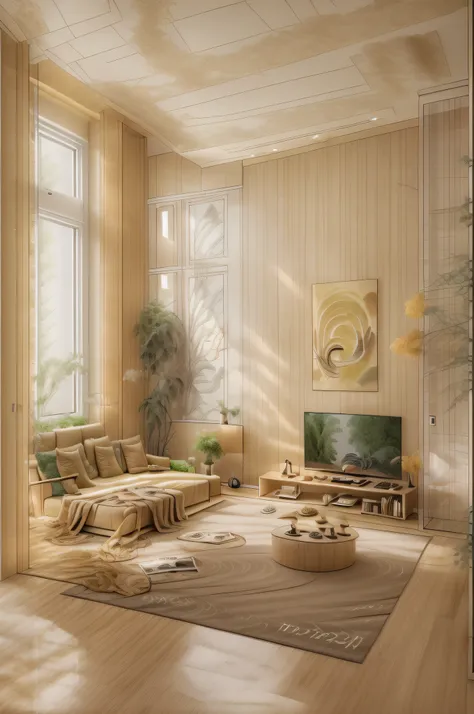 This room was spacious，There is a rectangular layout，The walls of this room are painted in pale yellow，The ceiling is a white suspended ceiling，The floor is a floor of wood，In this living room，There was a sofa、Two chairs and a coffee table。There are painti...