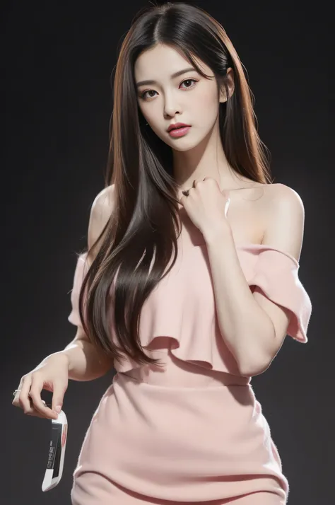 ((10: 1.27), top-quality, master-piece,Hold the product in your hands...,long-haired, Presenter,Straight brunette hair,ultra-high resolution: 1.2) Photos of cute Korean women (attractive:1.1),dark gray background,Sexy pink open-shoulder shirt,good anatomy,...