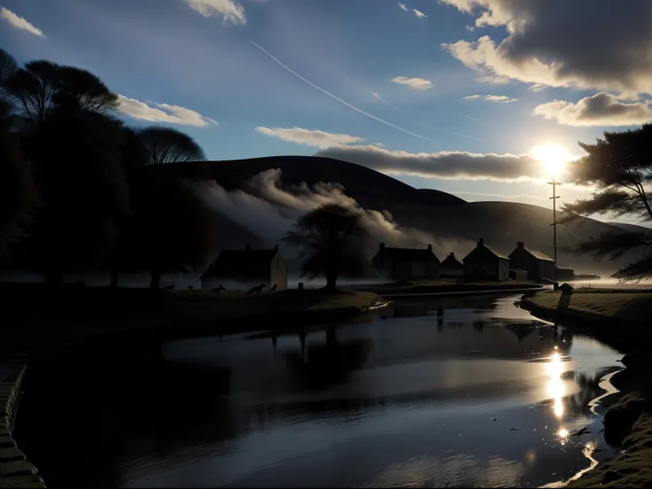 The jackdaws fly a few points, the flowing water goes around the lonely village, the slanting sun is about to fall, and the soul disappears