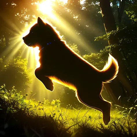 (best quality: 1.2), (masterpiece: 1.2), (realistic: 1.2),  closeup photo, a very cute jumping puppy in the forest, soft volumetric lights, (looking at the viewer: 1.3), (backlit:1.3), (cinematic:1.2), intricate details, masterpiece