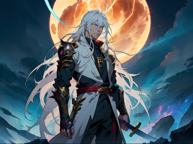 white long-haired anime character, yellow eyes and sword stand in front of lightning， detailed key anime art, white-haired god, ...