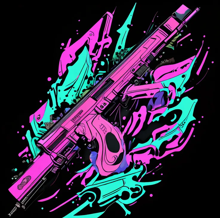 Um close up de um AK rosa - rifle 47 com rosas azuis, close up armas e rosas, Obra-prima estilo Vaporwave, Arte Vaporwave, Vaporwave Maximalista, vaporwave aesthetics, floralpunk, vaporwave desenho animado, Estilo Vaporwave, nostalgia vaporwave, blacklight...