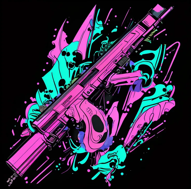 Um close up de um AK rosa - rifle 47 com rosas azuis, close up armas e rosas, Obra-prima estilo Vaporwave, Arte Vaporwave, Vaporwave Maximalista, vaporwave aesthetics, floralpunk, vaporwave desenho animado, Estilo Vaporwave, nostalgia vaporwave, blacklight...