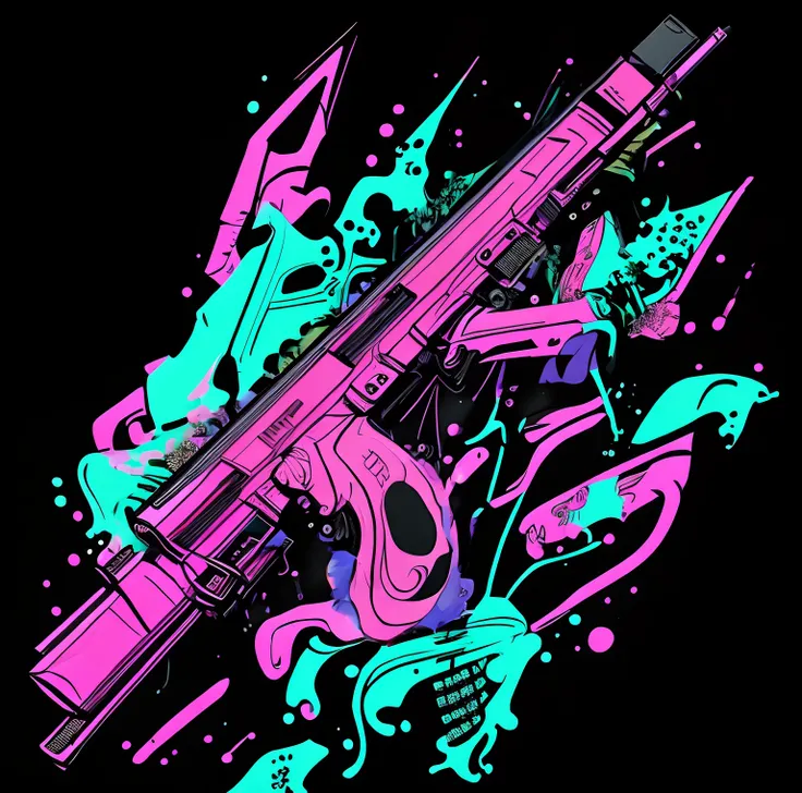 Um close up de um AK rosa - rifle 47 com rosas azuis, close up armas e rosas, Obra-prima estilo Vaporwave, Arte Vaporwave, Vaporwave Maximalista, vaporwave aesthetics, floralpunk, vaporwave desenho animado, Estilo Vaporwave, nostalgia vaporwave, blacklight...