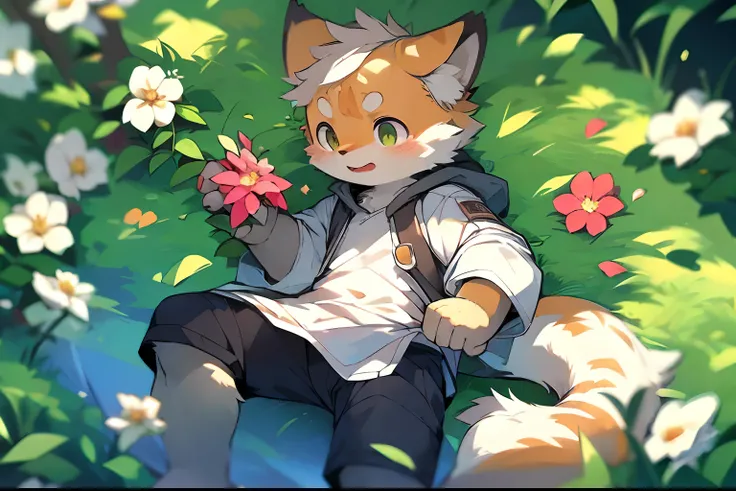 Masterpiece, Best quality, Perfect anatomy, Watery eyes, author：Milk Tiger 1145, author：K0bit0wani, Furry, coyote, (Phyllis:0.3), Muscular male, Solo, wears, baggy clothes, wet fur, (Translucent raincoat:1.1), (holding flower:1.1), Lying, birds eyes view, ...