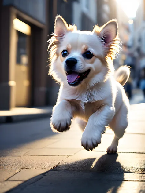 Close-up photo of a very cute jumping puppy on the street, white, soft volumetric light, (backlight: 1.3), (movie: 1.2), intricate details, (ArtStation: 1.3), Rutkowski