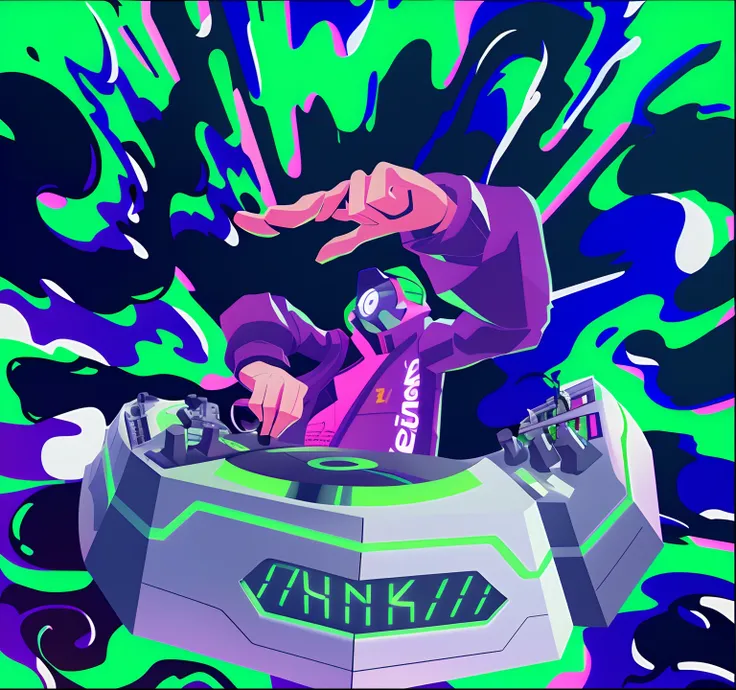 Cartoon of DJ mixing music on green and purple background, jen bartel, Official artwork, [ synthwave art style ]!! ]!!, synthwave art style ]!!, [ synthwave art style ]!!, turntablism dj scratching, in style of digital illustration, synthwave art style, sy...