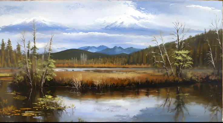 River painting with mountains as background, swamp landscape, taiga landscape, OilPaintStyle, Inspired by Ethel Schwabach, Highly reflective oil, wilderness ground ; Oil painting, Landscape oil painting, near a small lake, pond landscape, in a serene lands...