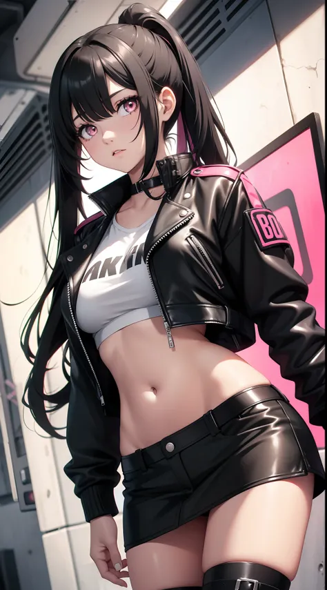 young girl, Long black hair in two ponytails, pink eyes, punk, leather jacket, Upskirt, open belly, open breasts, Masterpiece, hiquality