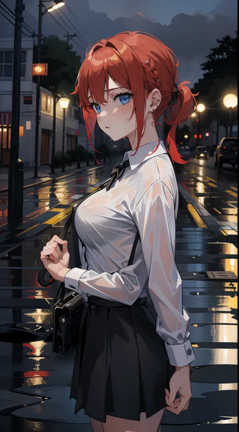 1 girl,  solo, red hair, short ponytail, blue eyes, drizzling, roadside, zebra crossing ,under the lamp post, night, , white shirt , black tie, piercings, big boobs, puddle, wet, gloomy. holding an umbrella