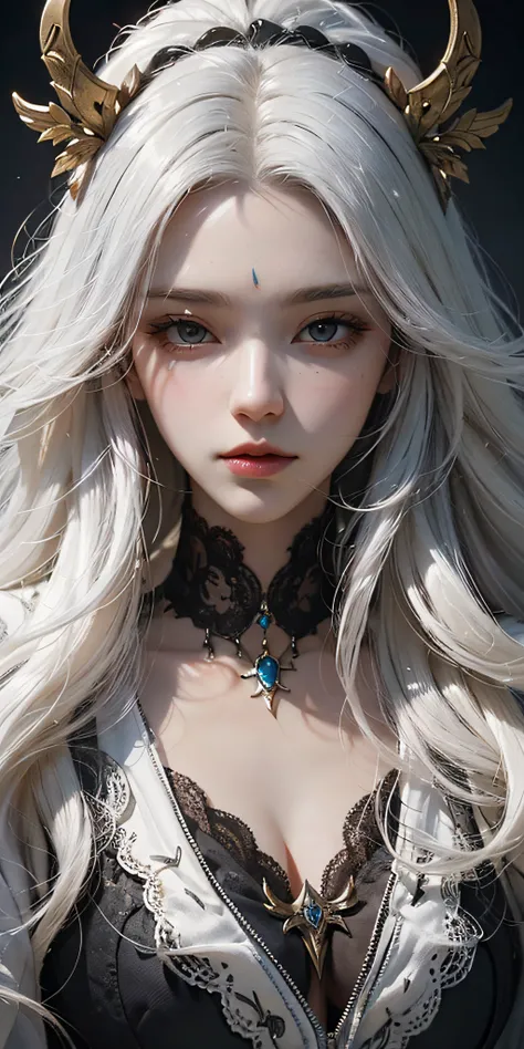 close-up of a woman with white hair and white mask，Belle peinture de personnage，the original god，Guviz-style artwork，white-haired god，Lynette，Epic and beautiful character art，Stunning character art，Lynette，