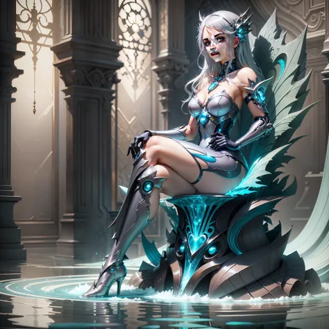 there is a woman sitting on a stool in a room, sitting in her throne underwater, closeup fantasy with water magic, cyborg - girl with silver hair, sitting on the porcelain throne, sitting on ice throne, on an icy throne, art nouveau octane render, sitting ...