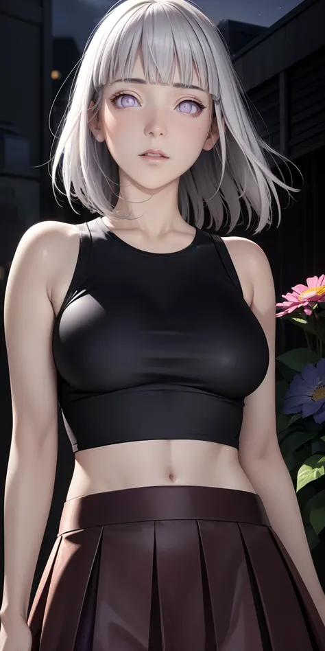 realistic, 1girl, white hair, purple eyes, glowing eyes, crop top, skirt, parted lips, blush, night, flowers, sun, sunlight, hinata,