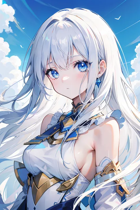 Extreme graphics，whaite hair，long whitr hair，teens girl，side looking，Blue eyes，Flushed cheeks，Under the blue sky，Artistic sense，Look into the distance，Affectionate look，Bust，starrysky，White dress，Poor milk，Chestless clothing，Face to the right，