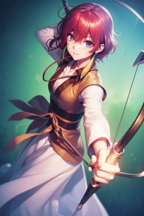 (((Best quality))), ((Ultra-detailed)), ((illustration)), ((Disheveled hair)), ((frilld)), (1 girl),(Solo),,arrow_(projectile)，,bow_(weapon)，,holding，,holding_arrow，,holding_bow_(weapon)，,holding_weapon，,looking_at_viewer，,simple_background，,tassel_earring...