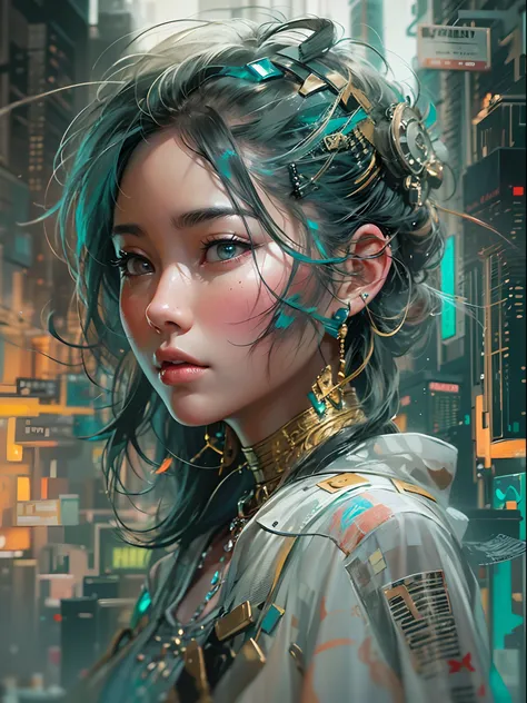 anime painting of cute asian cyberpunk female, shapeless cyberpunk hair, dynamic pose, elegant pose, bright colors, art by Carne Griffiths and Wadim Kashin Concept art, cyberpunk background, abstract beauty, near perfection, pure form, Golden Ratio, minima...