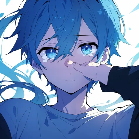 1 people)(((best quality))),(((ultra detailed))),(((masterpiece))),illustration," "1boy" "blue hair" "sad" "crying"