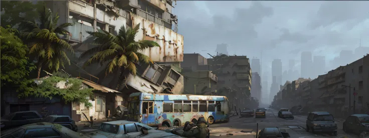 there is a bus that is driving down the street in the city, urban concept art, craig mullins style, post - apocalyptic city streets, outdoors ruined cityscape, highly realistic concept art, in a tropical and dystopic city, environment painting, post - apoc...