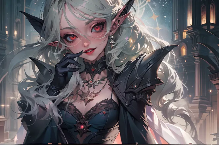 a picture of vampire elf in her castle, an exquisite beautiful female vampire elf standing under the night sky , full body (ultra detailed, Masterpiece, best quality), ultra detailed face (ultra detailed, Masterpiece, best quality), grey skin, blond hair, ...