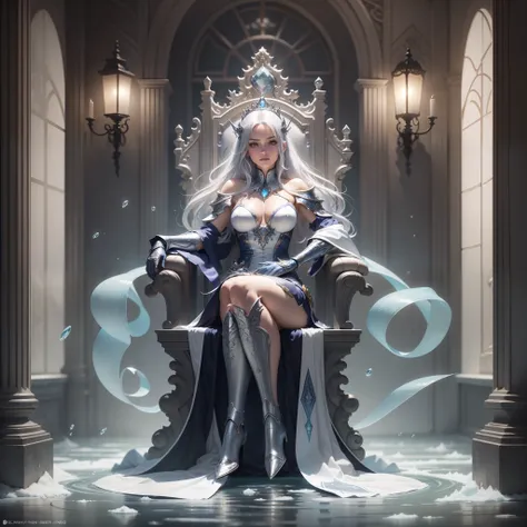 there is a woman sitting on a stool in a room, sitting in her throne underwater, closeup fantasy with water magic, cyborg - girl with silver hair, sitting on the porcelain throne, sitting on ice throne, on an icy throne, art nouveau octane render, sitting ...