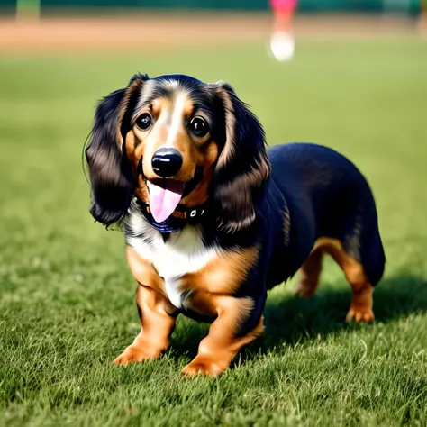 Long fur dachshund, (((Masterpiece, 8K, highest precision,))) Black tan, black: 1.5 and brown: 0.3, (((Long fur, long wavy fur)) long fluffy hair, (Short legs,))) mouth open, tongue out, heavy breathing, laughing face, on the grass of the sports park, stro...