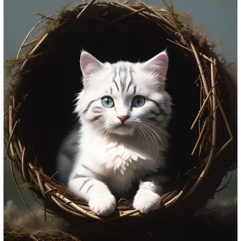 Gray and white siberian kitten, kitten sleeping in a birds nest, summer in Japan, Failure to draw eyes is unacceptable, ultra hd 8k, concept art portrait by Greg Rutkowski, artgerm, hyperdetailed, intricately detailed, triadic colours, fantastical, intrica...