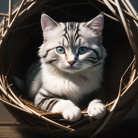 Gray and white siberian kitten, kitten sleeping in a birds nest, summer in Japan, Failure to draw eyes is unacceptable, ultra hd 8k, concept art portrait by Greg Rutkowski, artgerm, hyperdetailed, intricately detailed, triadic colours, fantastical, intrica...