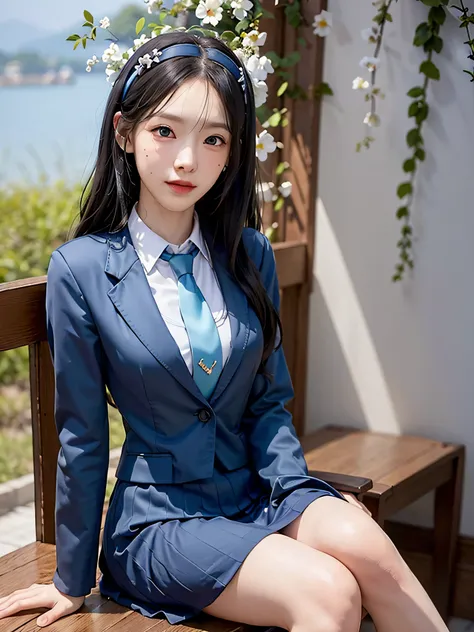 film photography, sitting, crossed legs, chair,(light blue tie),(marine blue eyes),(blue halo),(Black hair bands),(long coat),(school uniform),(white long-sleeved shirt),(pleated skirt),(navy blue skirt),(barefoot), seductive smile, medium breast, full bod...