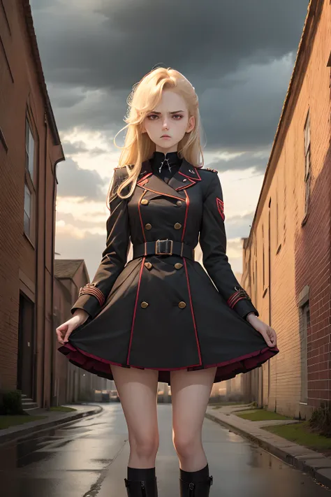 necklength hair, blonde hair, anime boy, pale skin, brown eyes, military uniform, overcoat, dark circles under eyes, angry expression, dark academia, cloudy sky, brick building, youthful, twin sister, twin brother, lolita dress, elegent knee length dress, ...