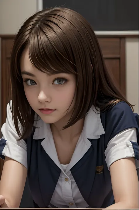 ((Night, Real Light, Top Quality, 8k, Masterpiece: 1.3)), Normal Body Shape: 1.4, (Brown Hair, Colossal: 1.8), Lying on the desk, Open Legs, Ultra Detailed Face, Detailed Eyes, Double Eyelids, school girls in the class room