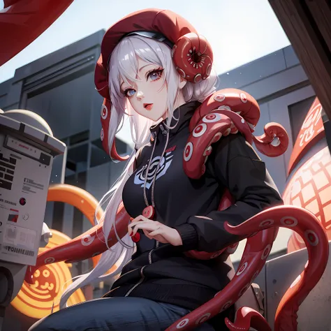 Anime – image of a woman with white hair and a red hat sitting on a chair, best anime 4k konachan wallpaper, Fine details. Anime tentacles, cyberpunk anime girl in hoodie, tentacles around, anime style 4 k, Detailed Digital Anime Art, Digital Cyberpunk Ani...