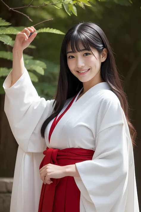 (Super Best Quality、8K、masuter piece、delicate illustrations、full body Esbian)、Young and beautiful Japanese priestess、shiny long black hair（Tie at back）,Plump body（Colossal tits）, （（White kimono、red  hakama）1.2）、Warm smile、A Japanese shrine、Heavily worn clo...