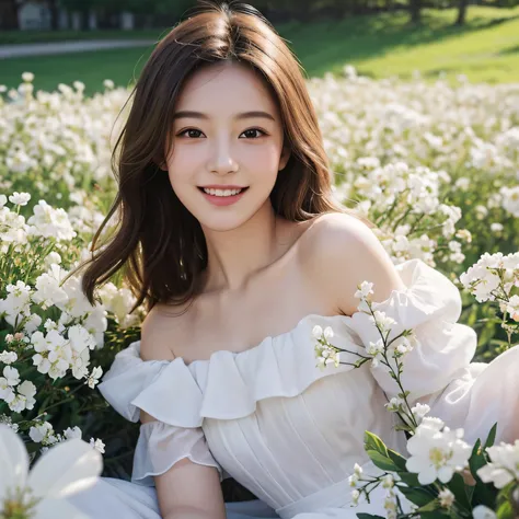 Best quality, masterpiece, ultra high res, (photorealistic:1.4), raw photo, 1girl, white dress, off shoulder, blossom flower field, glowing skin, light smile