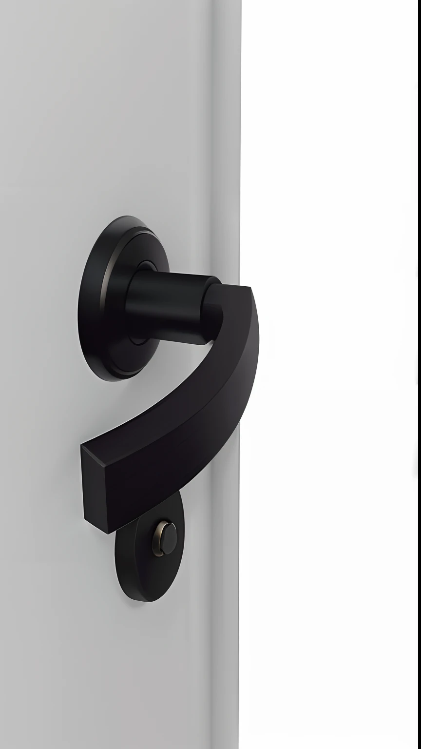 The doorknob on the white door has a black handle on it, exquisite handle, Metal credit, smooth curvilinear design, smooth curvature design, Hand on the doorknob, curving black, Metal key for the door,, sharply shaped, Dark shades, Curved, Open door, openi...