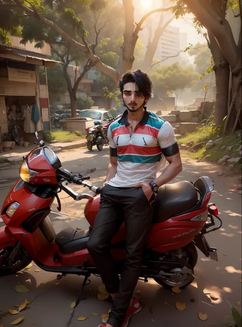 Is boy ka shirt pant stylish wala generate hojaye aur hairstyle bhi face bhi aur background bhi mast bana do. Aur ye boy jis scooty me khada hai use bike bana do.