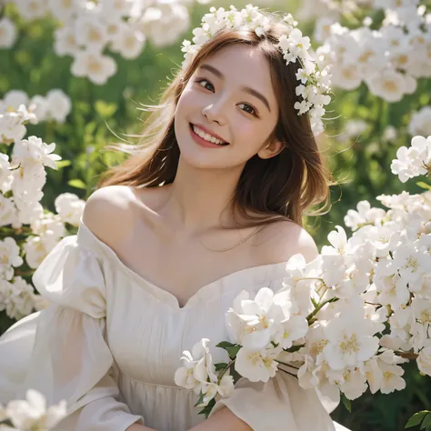 Best quality, masterpiece, ultra high res, (photorealistic:1.4), raw photo, 1girl, white dress, off shoulder, blossom flower field, glowing skin, light smile