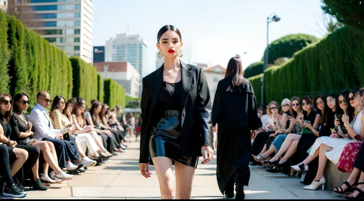 um desfile de moda conceitual, Temporada surreal, Fashion influencer trends, pessoas normais urbanas, Trend in Fashio magazine